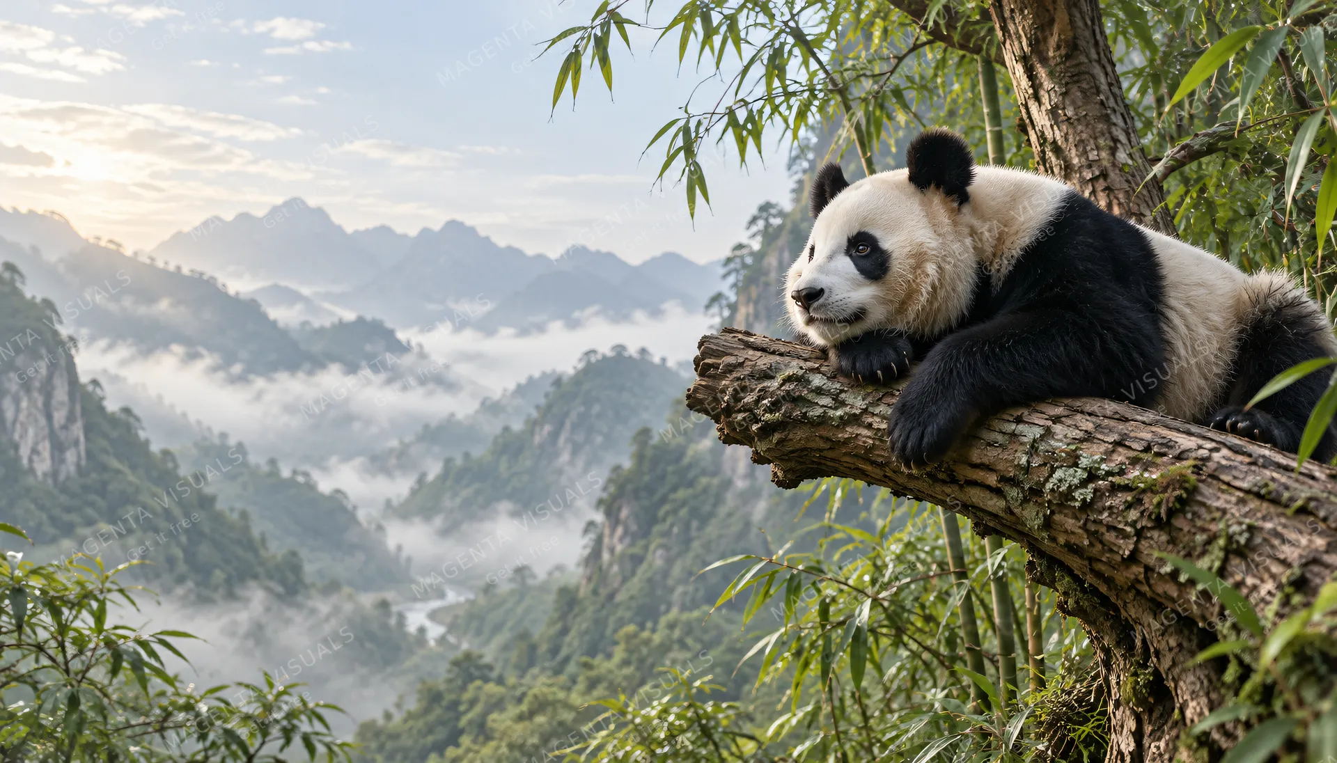 4K wallpaper of A photorealistic 16:9 widescreen desktop wallpaper of Yang Yang the giant panda in a natural habitat.