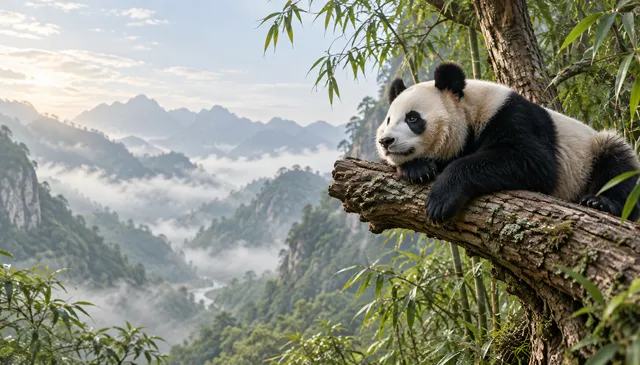 4K wallpaper of A photorealistic 16:9 widescreen desktop wallpaper of Yang Yang the giant panda in a natural habitat.