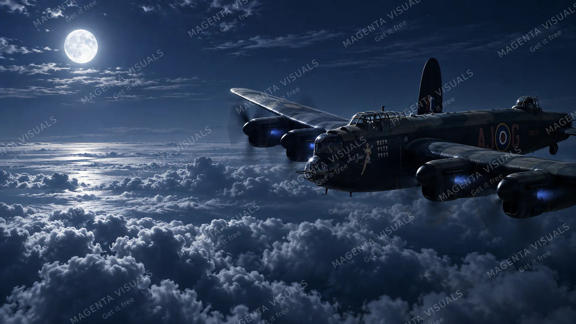 4K wallpaper of 1944 nocturnal mission under full moonlight above dense silver cloud tops.