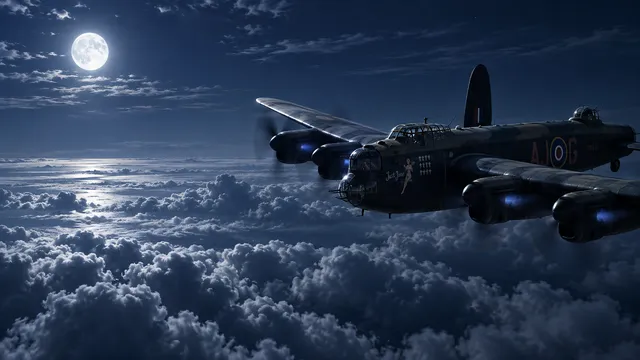 4K wallpaper of 1944 nocturnal mission under full moonlight above dense silver cloud tops.
