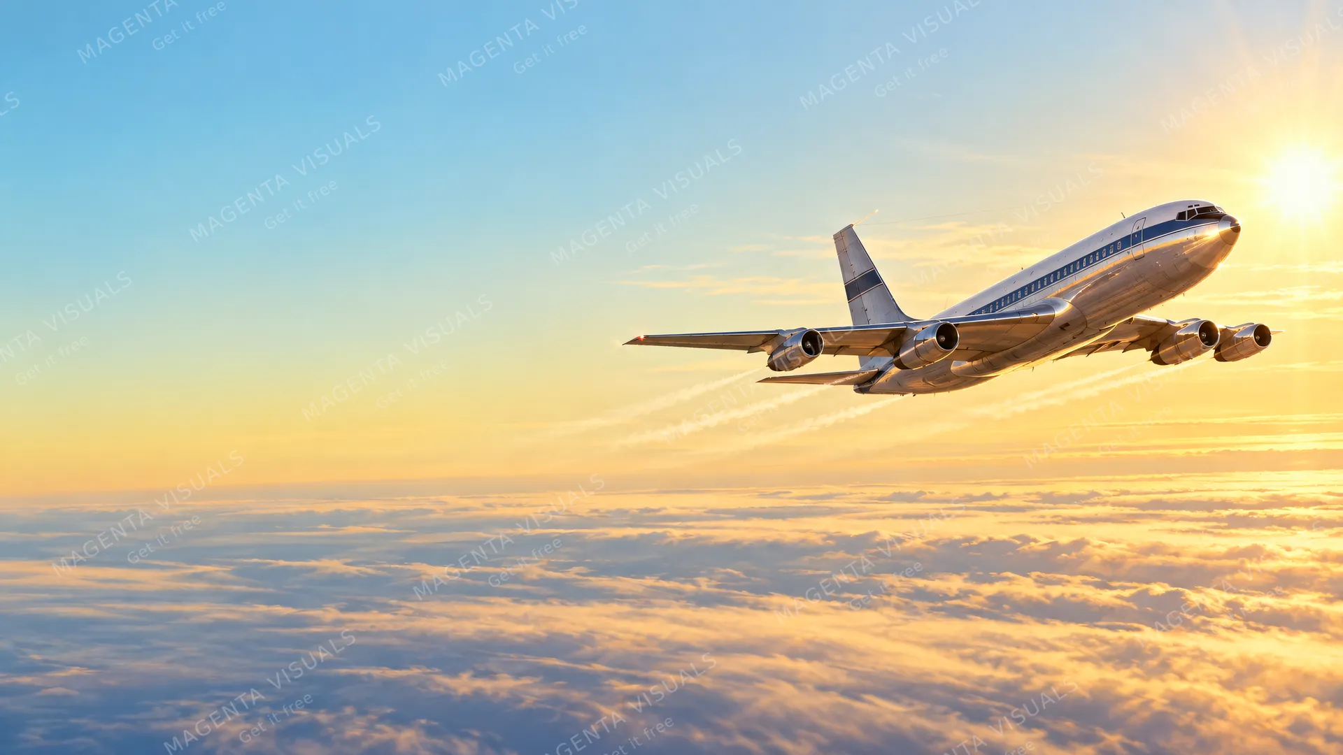 4K wallpaper of 1960s Jet Age dawn over high cirrus clouds, four turbojet pods trailing thin faint vapor.