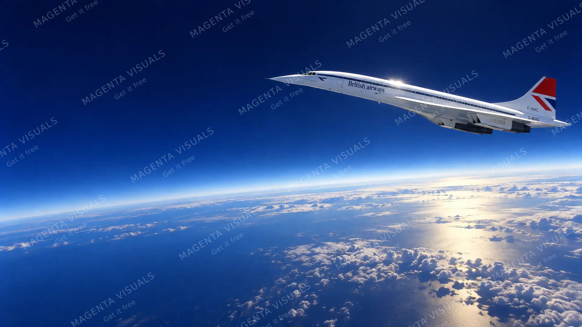4K wallpaper of 1970s Mach 2 cruise at 60,000 feet showing the slight curvature of the Earth beneath a dark cobalt stratospheric sky, 16:9 widescreen Windows desktop wallpaper.