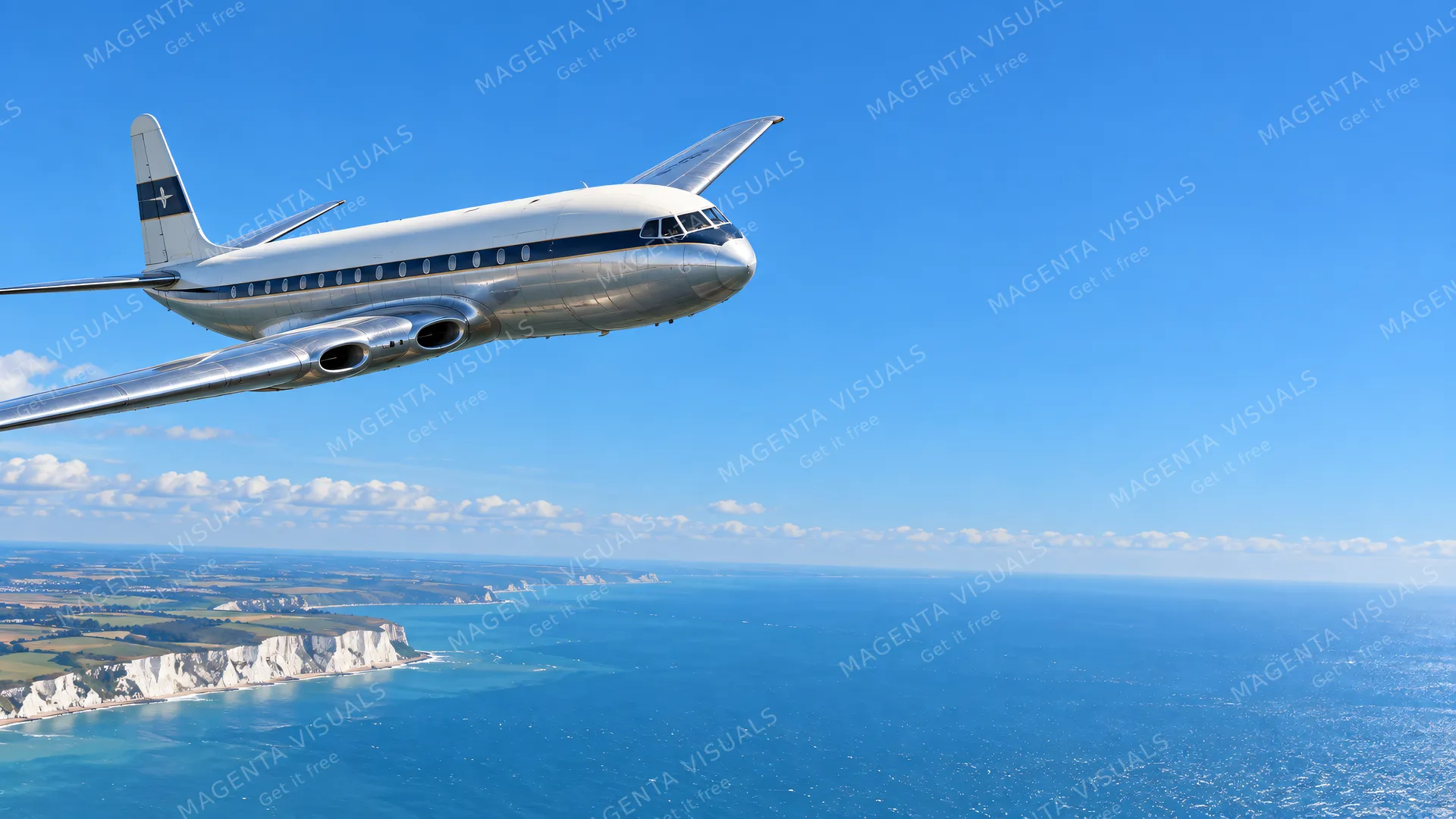 4K wallpaper of Mid-1950s pioneer commercial jet flight high over the English Channel in crisp mid-day blue.