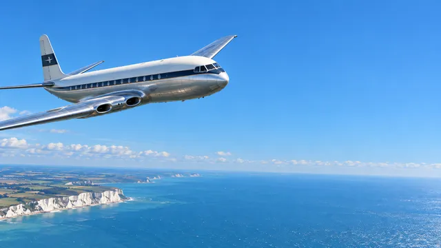 4K wallpaper of Mid-1950s pioneer commercial jet flight high over the English Channel in crisp mid-day blue.