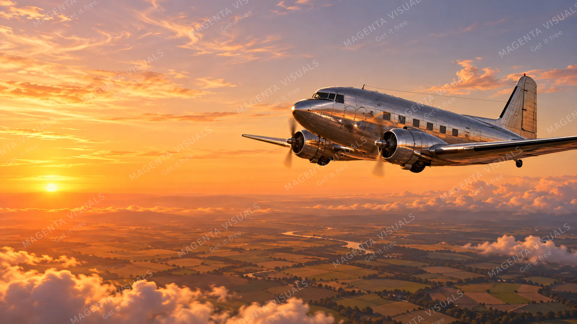 4K wallpaper of Late 1930s golden hour cruising over sunlit patchwork farmland, gentle cumulus clouds below.