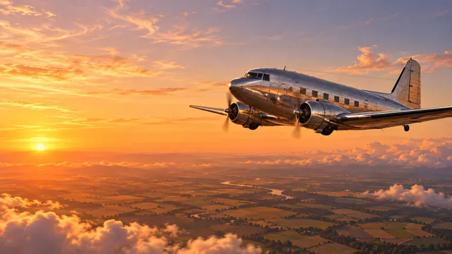 4K wallpaper of Late 1930s golden hour cruising over sunlit patchwork farmland, gentle cumulus clouds below.