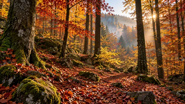 4K 16:9 widescreen photoreal photograph of a dense autumn forest, vibrant red and golden yellow leaves covering the forest floor, tall mature trees with natural sunlight filtering th…