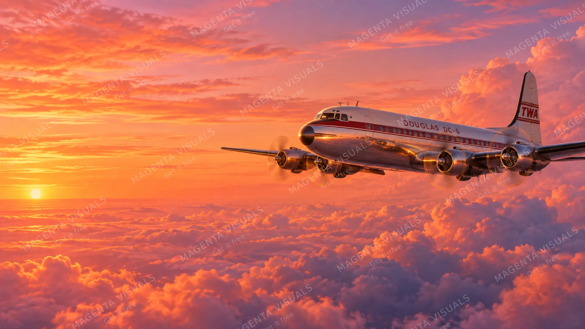 4K wallpaper of 1950s transcontinental sunset above undulating ocean of pink and orange cumulus clouds.