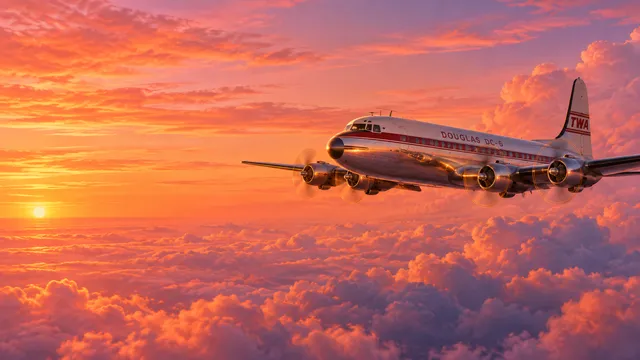 4K wallpaper of 1950s transcontinental sunset above undulating ocean of pink and orange cumulus clouds.