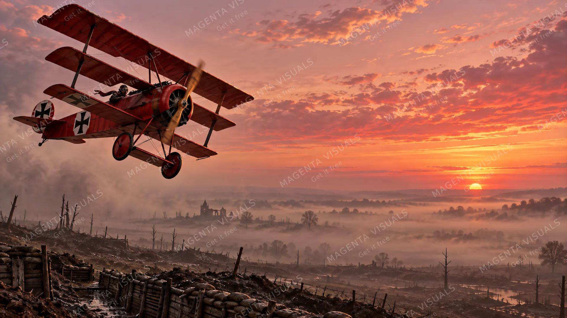 4K wallpaper of 1918 Western Front early sunrise mist above Somme trenches, warm sepia and crimson dawn tint, 16:9 widescreen Windows desktop wallpaper.