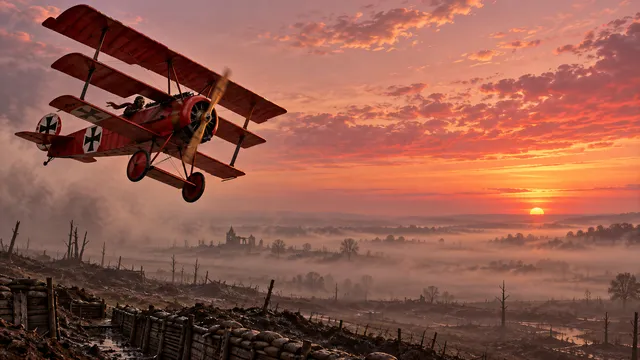4K wallpaper of 1918 Western Front early sunrise mist above Somme trenches, warm sepia and crimson dawn tint, 16:9 widescreen Windows desktop wallpaper.