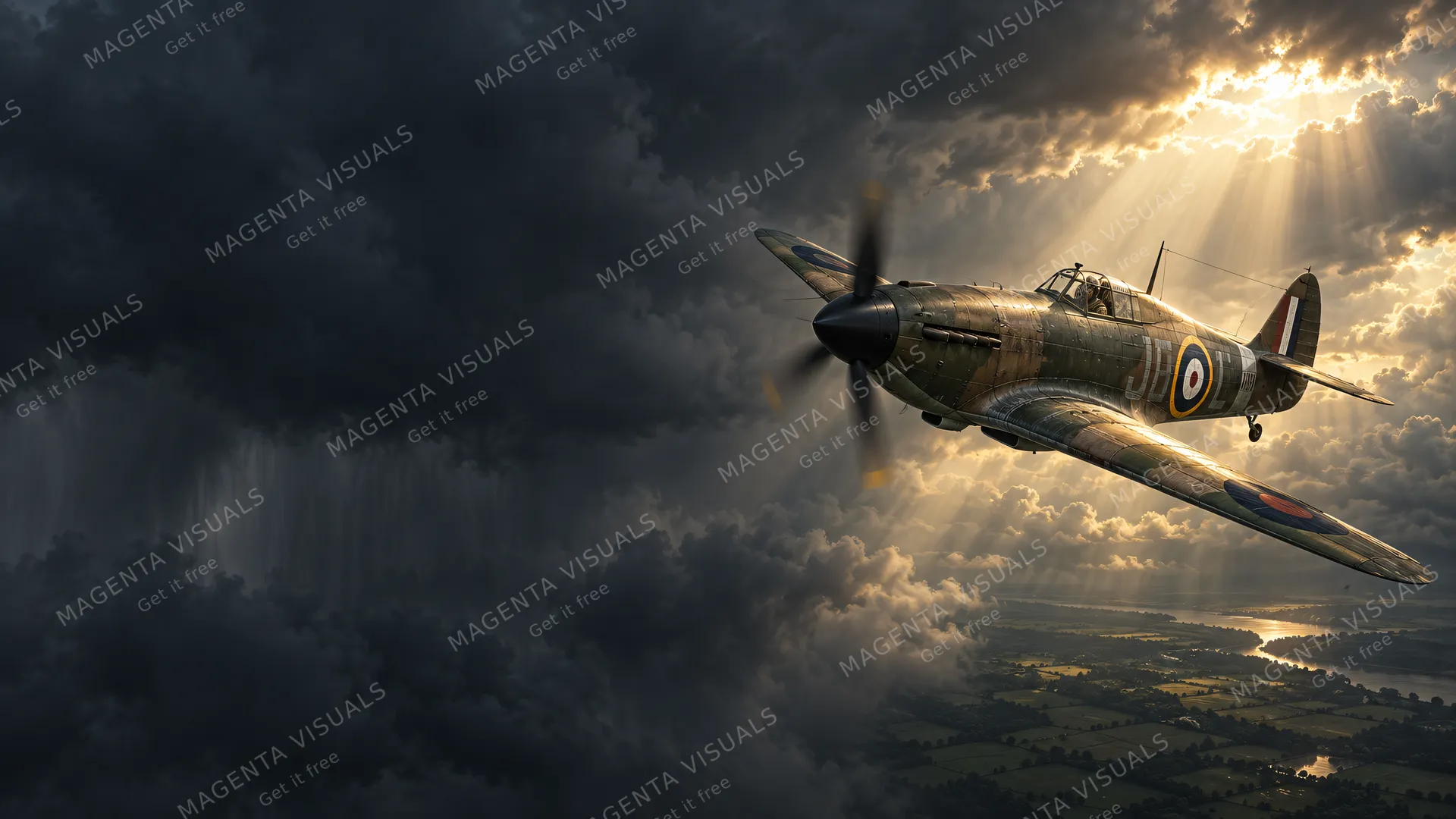 4K wallpaper of 1940 late-afternoon scramble beneath stormy overcast front, dramatic shaft of sunlight piercing through dark clouds, 16:9 widescreen.