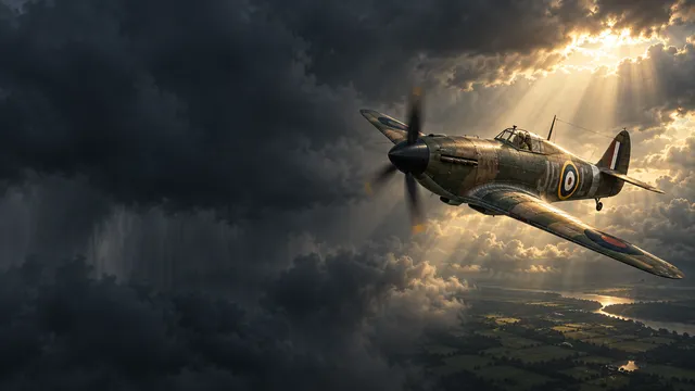4K wallpaper of 1940 late-afternoon scramble beneath stormy overcast front, dramatic shaft of sunlight piercing through dark clouds, 16:9 widescreen.