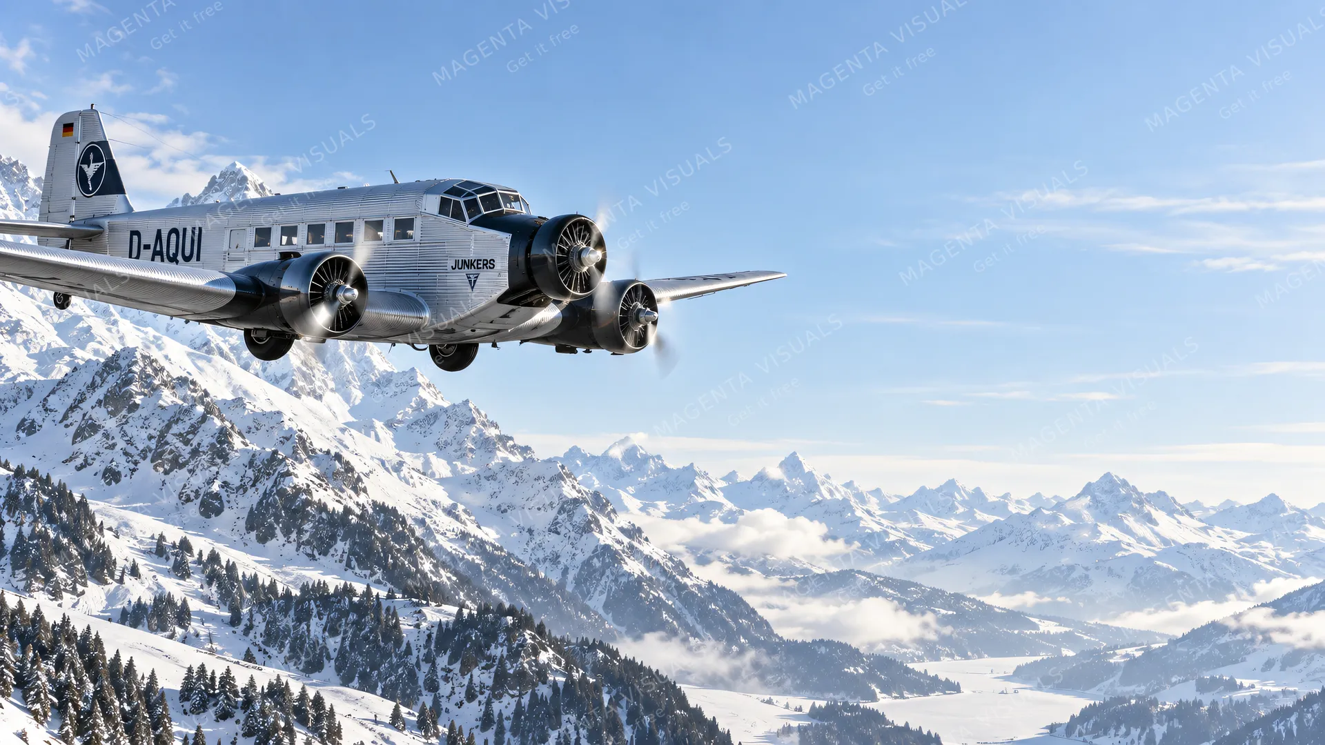4K wallpaper of 16:9 widescreen Windows desktop wallpaper of a 1930s Alpine transit through snowy mountain passes in crisp frosty morning light.