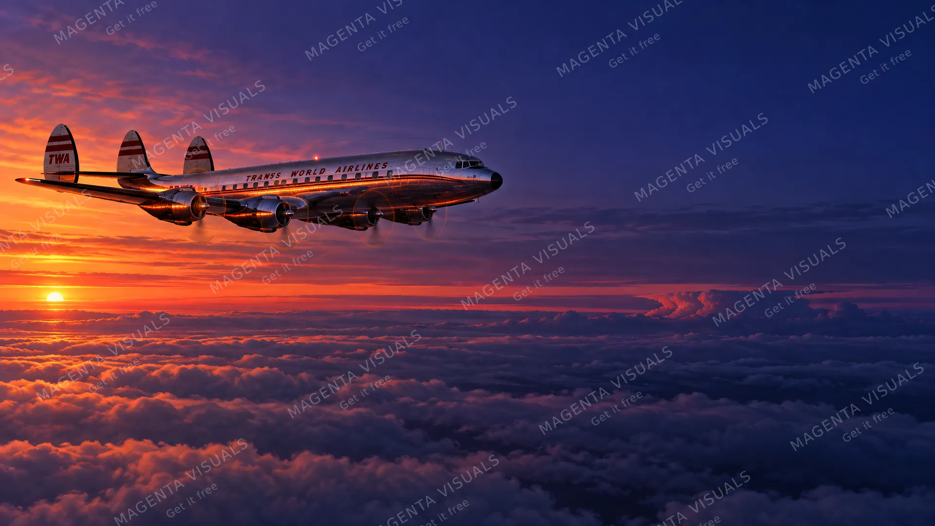 4K wallpaper of 1950s high-altitude evening flight above a layered stratus deck, featuring the dramatic triple-tail silhouette of a graceful dolphin-shaped polished Lockheed Constellation four-en…