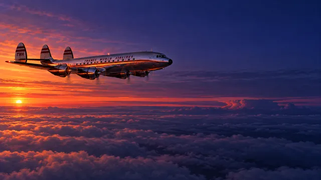 4K wallpaper of 1950s high-altitude evening flight above a layered stratus deck, featuring the dramatic triple-tail silhouette of a graceful dolphin-shaped polished Lockheed Constellation four-en…