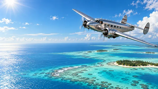 4K wallpaper of Late 1930s pioneering expedition over tropical South Pacific atolls, dazzling turquoise reef shallows below.