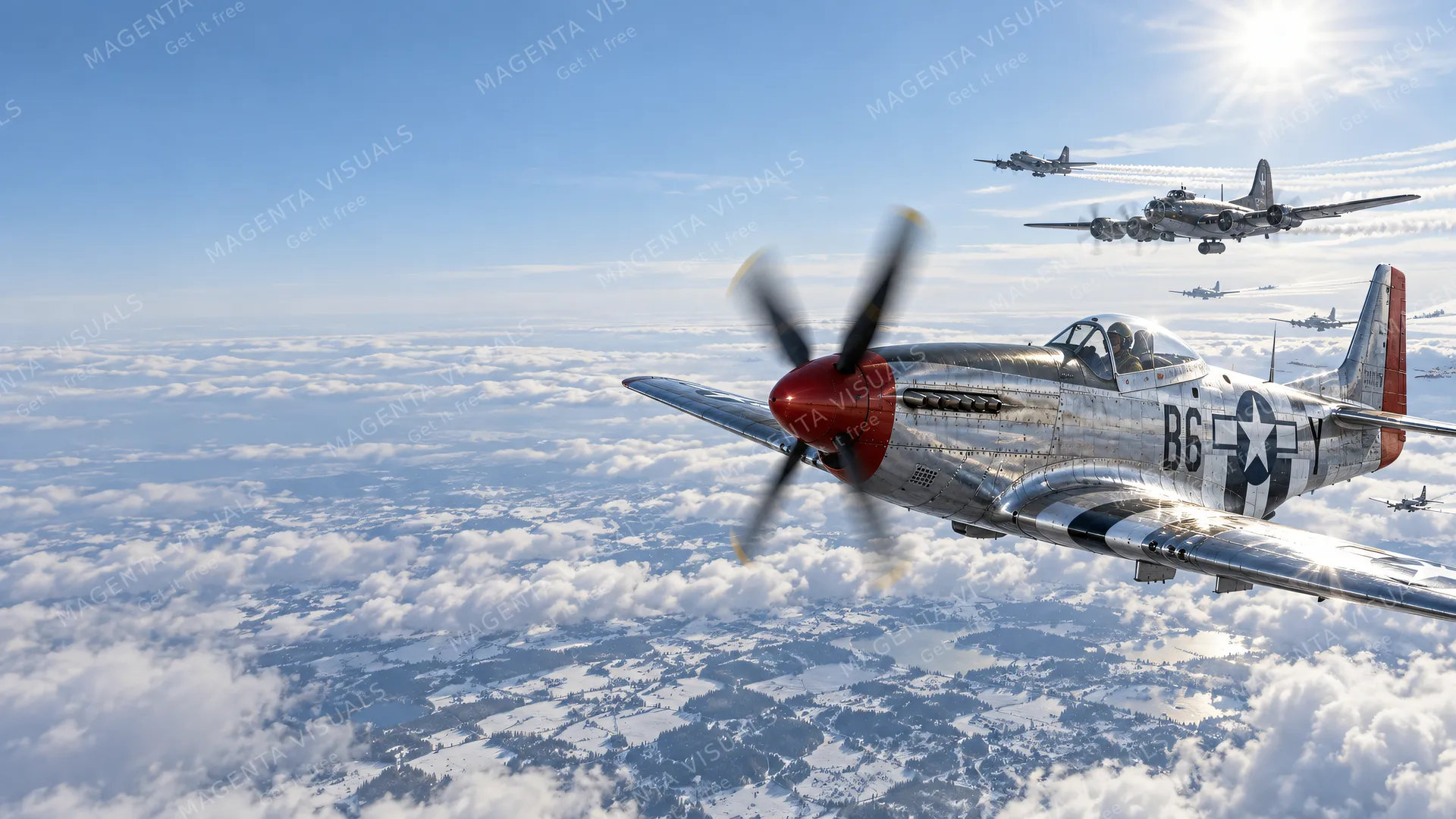 4K wallpaper of 1944 high-altitude bomber escort above fractured winter cloud plains, cold crystal-clear sunlight.