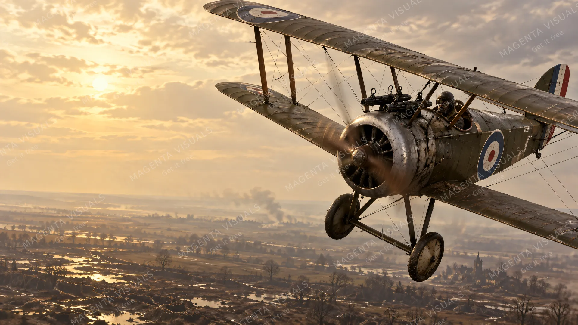 4K wallpaper of 1917 late autumn afternoon above muddy French fields, pale golden sun behind high hazy clouds.
