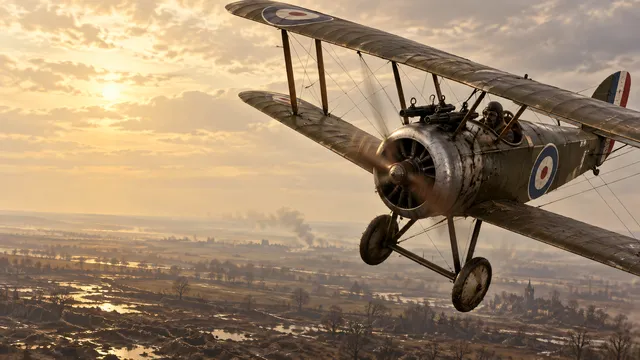 4K wallpaper of 1917 late autumn afternoon above muddy French fields, pale golden sun behind high hazy clouds.
