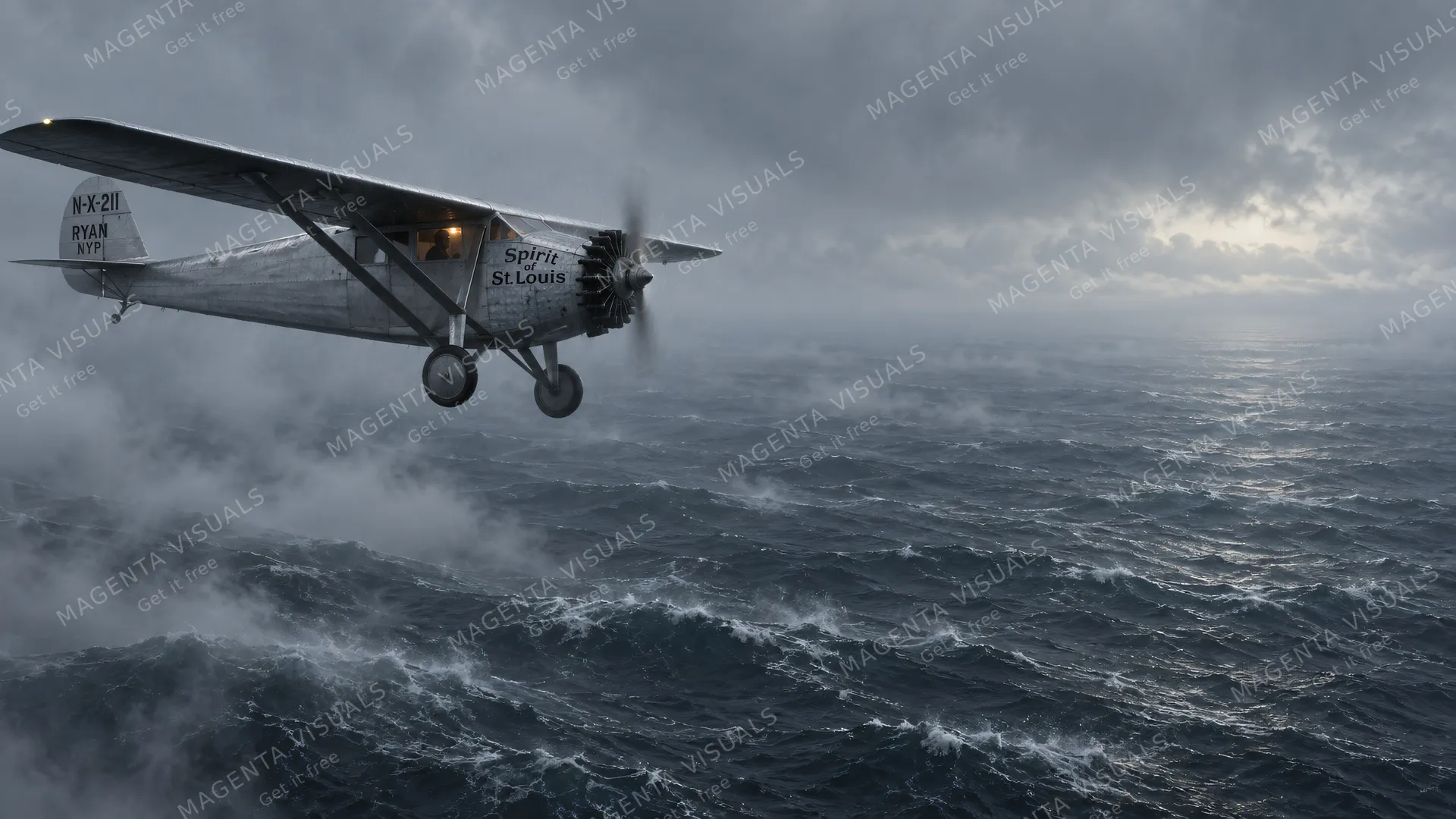 4K wallpaper of 1927 transatlantic crossing over cold gray North Atlantic swell, low drizzle and rolling sea fog, 16:9 widescreen Windows desktop wallpaper.