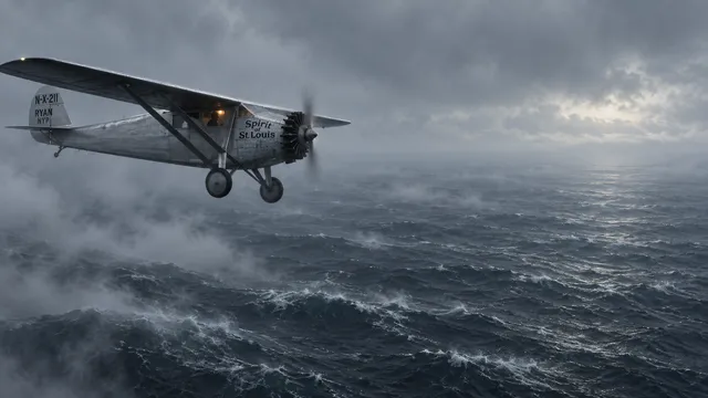 4K wallpaper of 1927 transatlantic crossing over cold gray North Atlantic swell, low drizzle and rolling sea fog, 16:9 widescreen Windows desktop wallpaper.