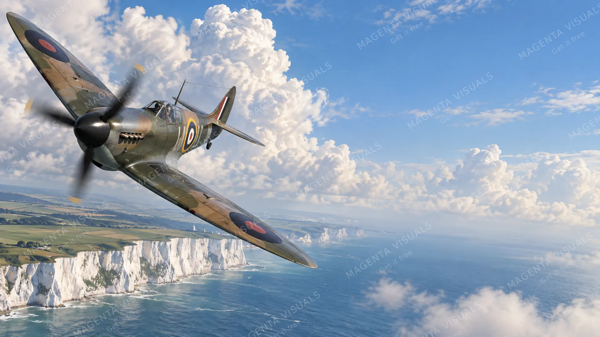 4K wallpaper of 1940 Battle of Britain summer patrol above the White Cliffs of Dover, puffy cumulus towers.