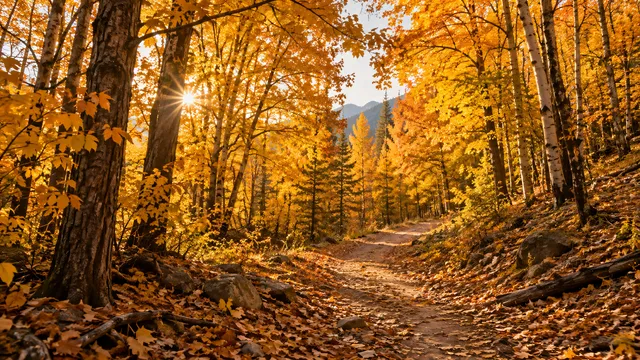 4K 16:9 photoreal photograph of a vibrant autumn season landscape featuring a dense grove of magnificent golden trees.