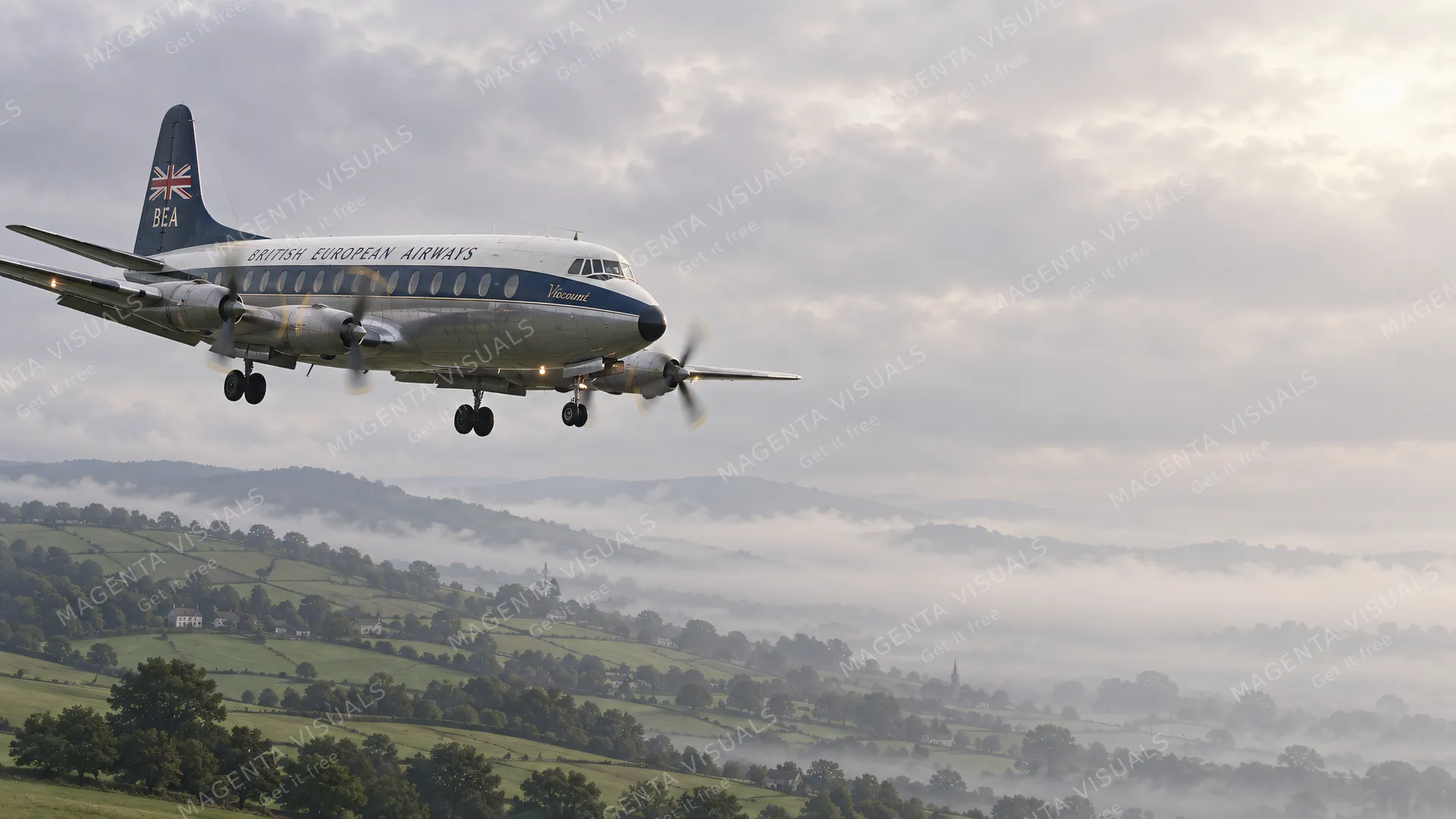 4K wallpaper of 1950s turboprop airliner descending through morning overcast above lush green rolling British hills.