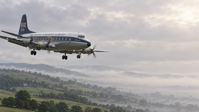 4K wallpaper of 1950s turboprop airliner descending through morning overcast above lush green rolling British hills.