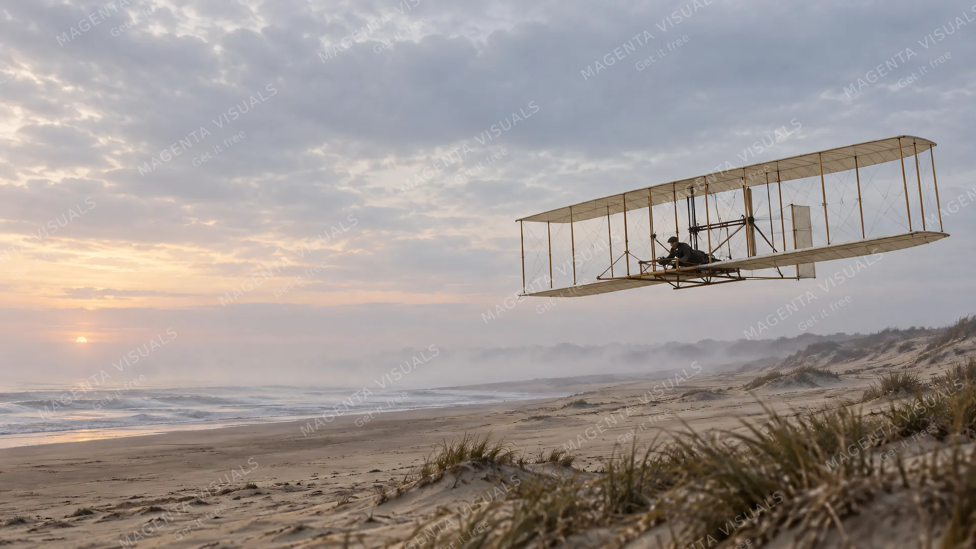 4K wallpaper of 1903 Kill Devil Hills coastal morning breeze, low sand dunes, pale ocean mist.