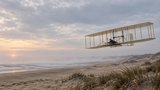 4K wallpaper of 1903 Kill Devil Hills coastal morning breeze, low sand dunes, pale ocean mist.
