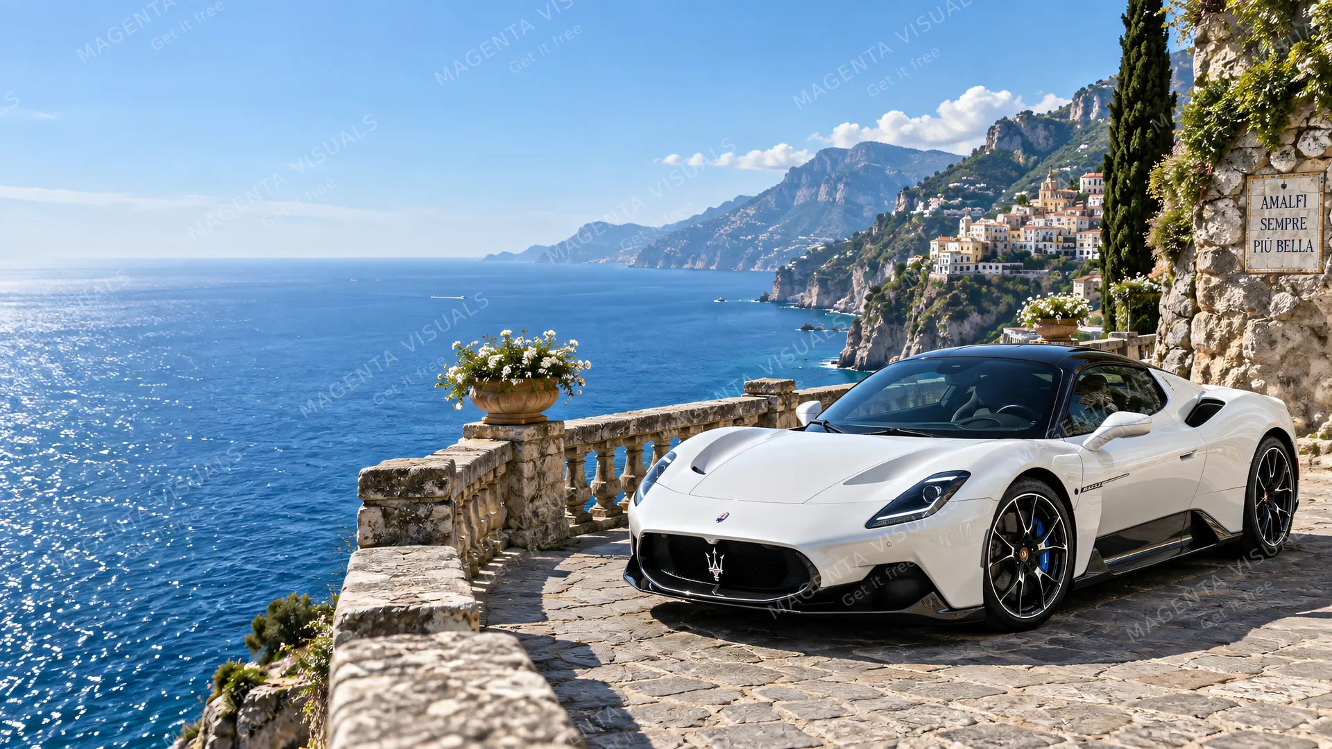 4K wallpaper of An empty deep sapphire Mediterranean sea and pale azure summer sky fill the calm left half as negative space for desktop icons, while a pearl white Maserati MC20 supercar is parke…