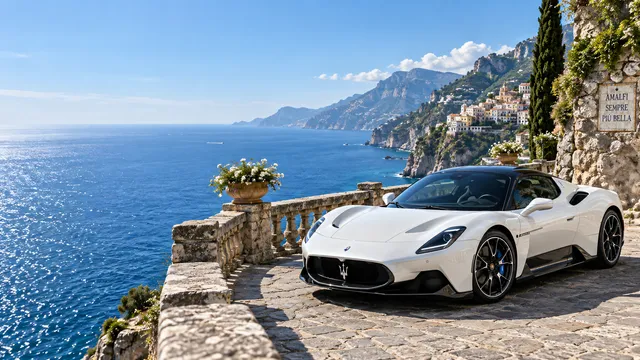 4K wallpaper of An empty deep sapphire Mediterranean sea and pale azure summer sky fill the calm left half as negative space for desktop icons, while a pearl white Maserati MC20 supercar is parke…