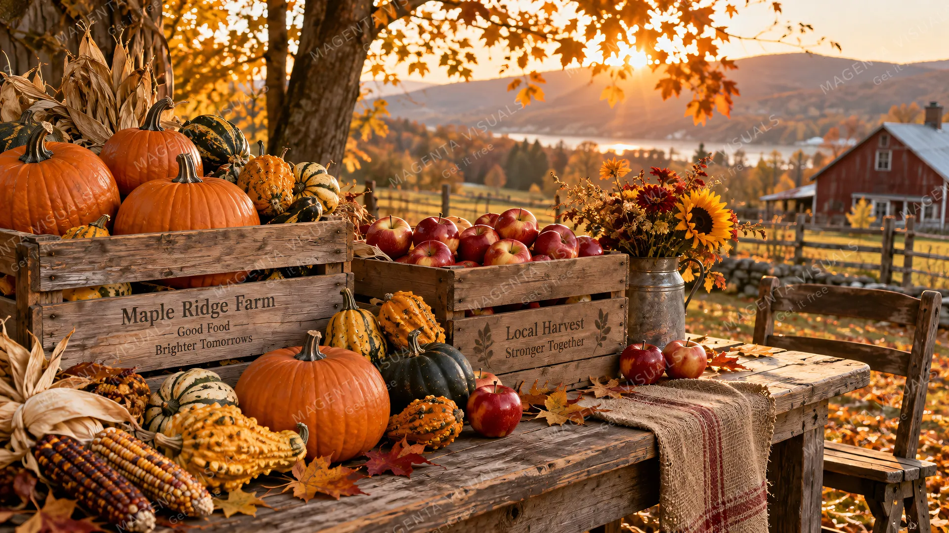 4K 16:9 photoreal photograph of an abundant autumn harvest in a real environment, featuring weathered wooden crates overflowing with freshly picked pumpkins, gourds, and crisp red ap…