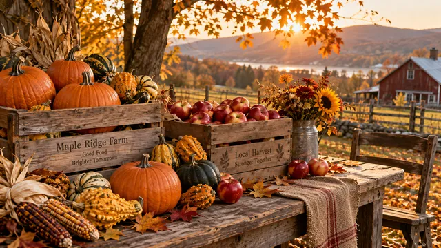 4K 16:9 photoreal photograph of an abundant autumn harvest in a real environment, featuring weathered wooden crates overflowing with freshly picked pumpkins, gourds, and crisp red ap…