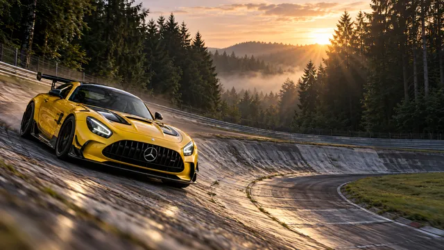 4K wallpaper of A 16:9 widescreen desktop wallpaper featuring a solarbeam yellow Mercedes-AMG GT Black Series powering through the Karussell corner of the Nürburgring Nordschleife on the left at…