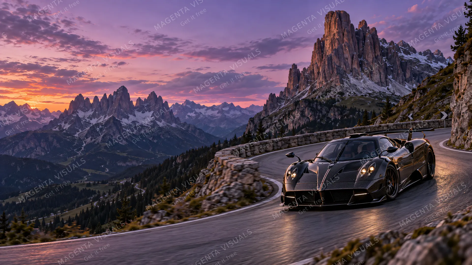 4K wallpaper of 16:9 widescreen desktop wallpaper featuring an exposed carbon-fiber Pagani hypercar navigating a high mountain hairpin turn on the right side of the frame during dramatic alpine d…