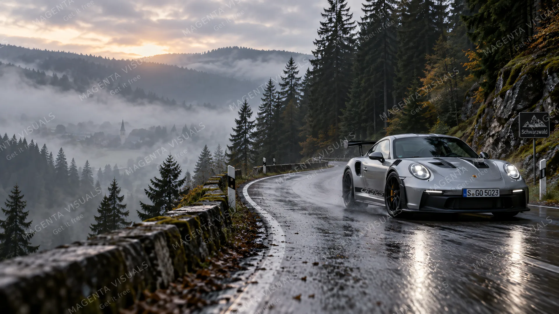 4K wallpaper of A photoreal automotive photography scene in a 16:9 widescreen desktop wallpaper layout, featuring an empty serpentine wet tarmac disappearing through towering fir trees and mornin…