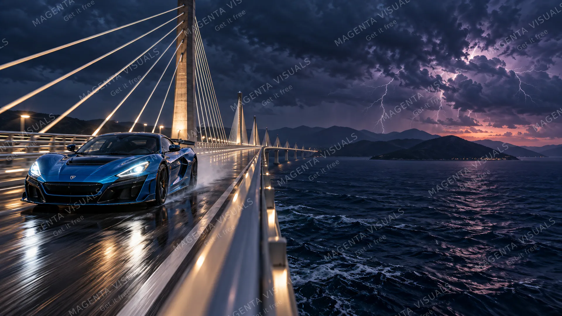 4K wallpaper of An electric blue Rimac Nevera speeding across a sleek modern illuminated cable-stayed bridge on the left side of the frame in the evening gloom.