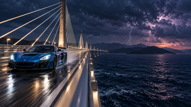 4K wallpaper of An electric blue Rimac Nevera speeding across a sleek modern illuminated cable-stayed bridge on the left side of the frame in the evening gloom.