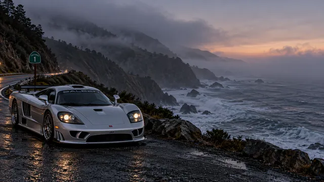 4K wallpaper of A sleek metallic silver Saleen S7 twin turbo parked along the rugged cliffside shoulder of Highway 1 on the left at misty twilight.