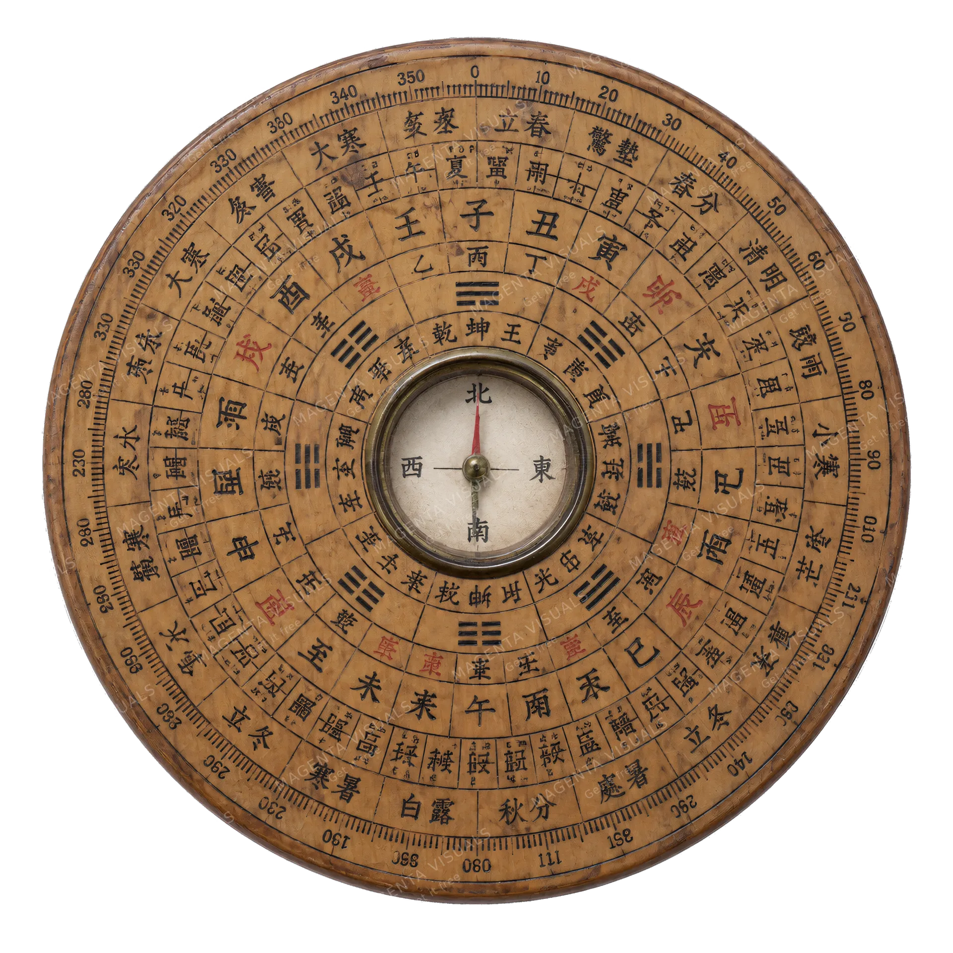 4K transparent cutout of product photography of a single historical Chinese luopan, intricately inscribed wooden disc with concentric rings of characters and a central magnetic needle in a small circular…