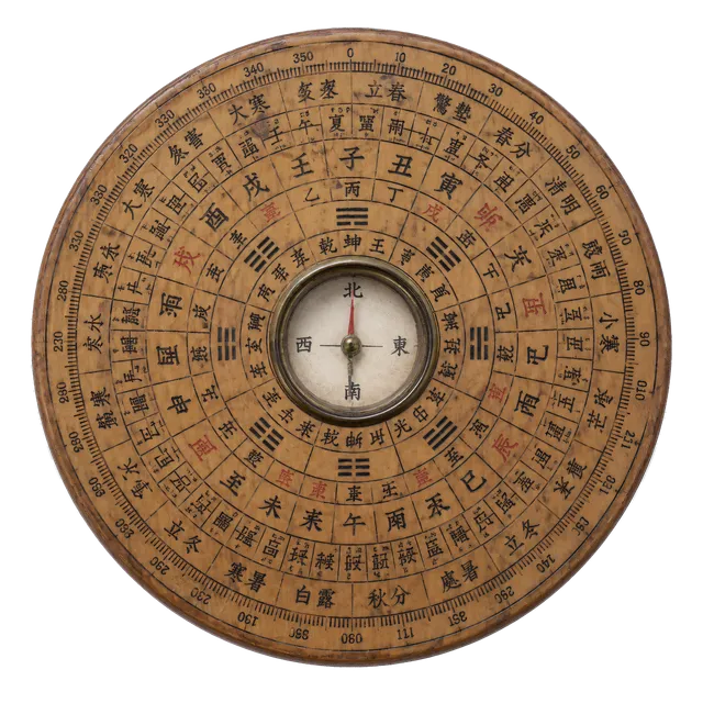 4K transparent cutout of product photography of a single historical Chinese luopan, intricately inscribed wooden disc with concentric rings of characters and a central magnetic needle in a small circular…