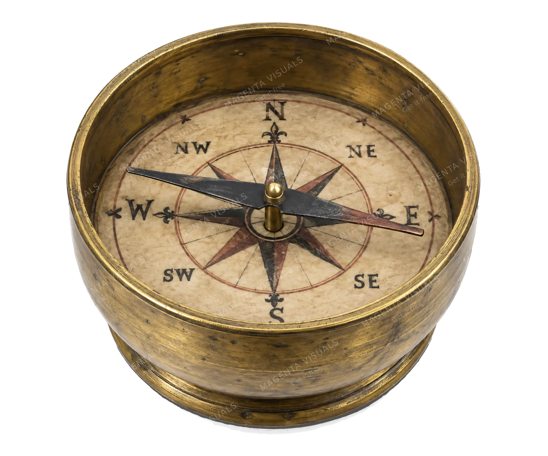 4K transparent cutout of product photography of a single 13th century medieval European dry compass with a magnetized needle pivoting on a pin above a compass card inside a round brass bowl, isolated obje…