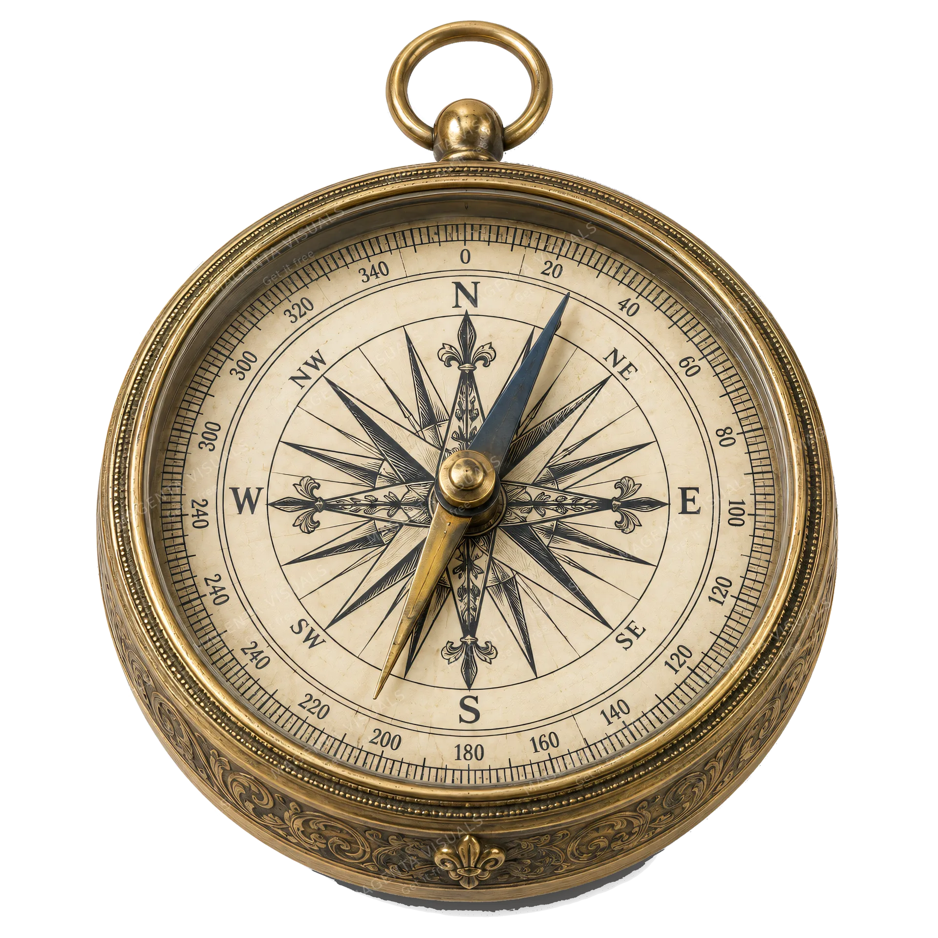 4K transparent cutout of product photography of a single antique dry-pivot compass featuring an ornate brass housing, a sharp magnetized needle balanced perfectly on a central pin, and a paper compass ros…