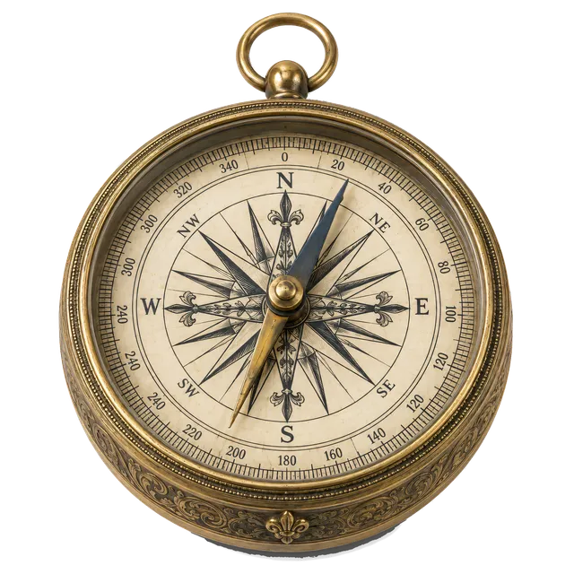 4K transparent cutout of product photography of a single antique dry-pivot compass featuring an ornate brass housing, a sharp magnetized needle balanced perfectly on a central pin, and a paper compass ros…