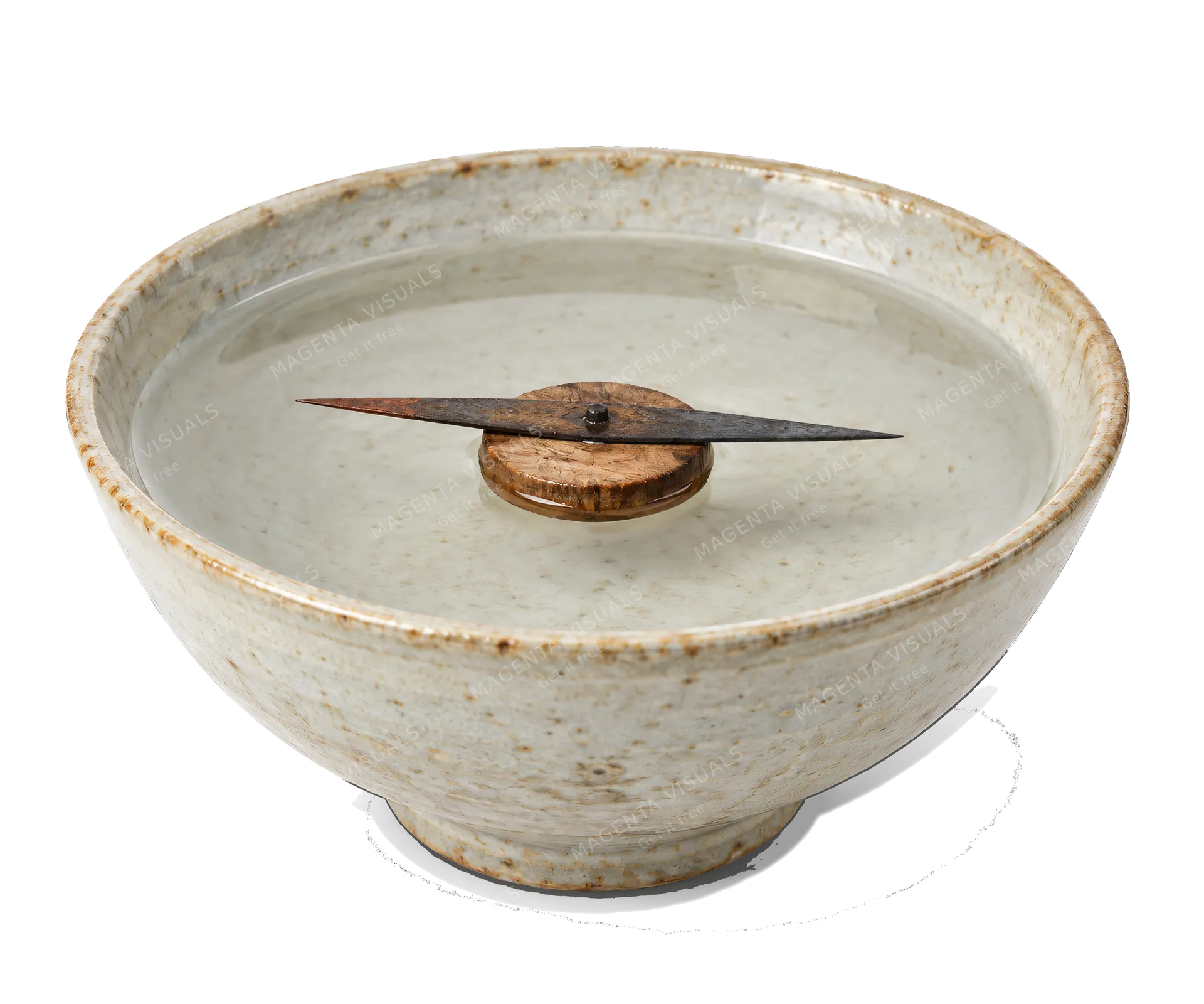 4K transparent cutout of product photography of a single ancient floating needle compass, featuring a magnetized iron needle resting on a small piece of wood floating in a simple ceramic bowl of water, is…