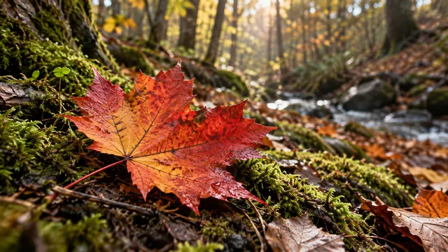 4K 16:9 photoreal photograph of a vibrant red and orange maple leaf resting on a mossy forest floor during the autumn season.