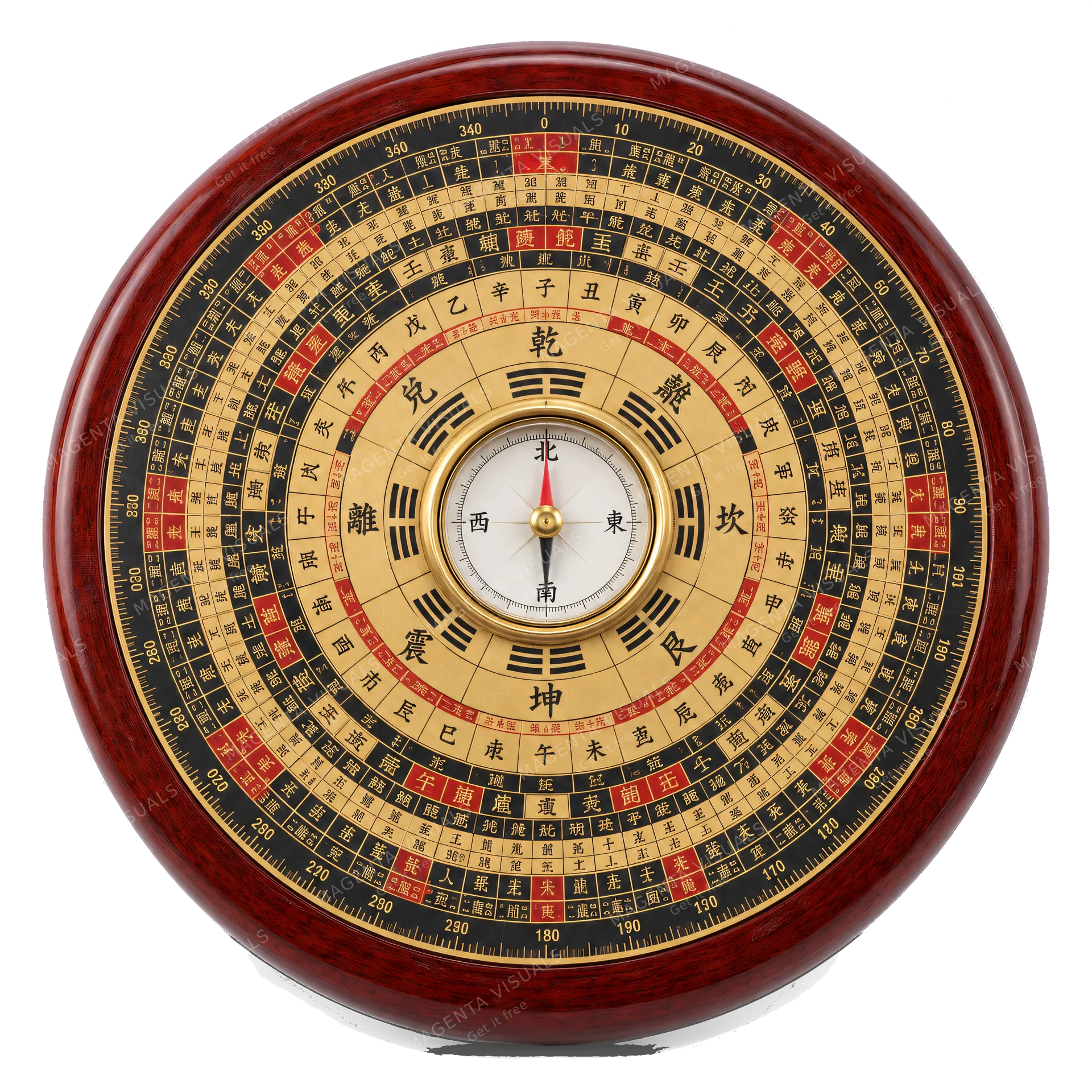 4K transparent cutout of product photography of a single intricate Chinese geomantic compass (luopan) with a central magnetic needle and concentric rings of characters on a lacquered wooden base, isolated…